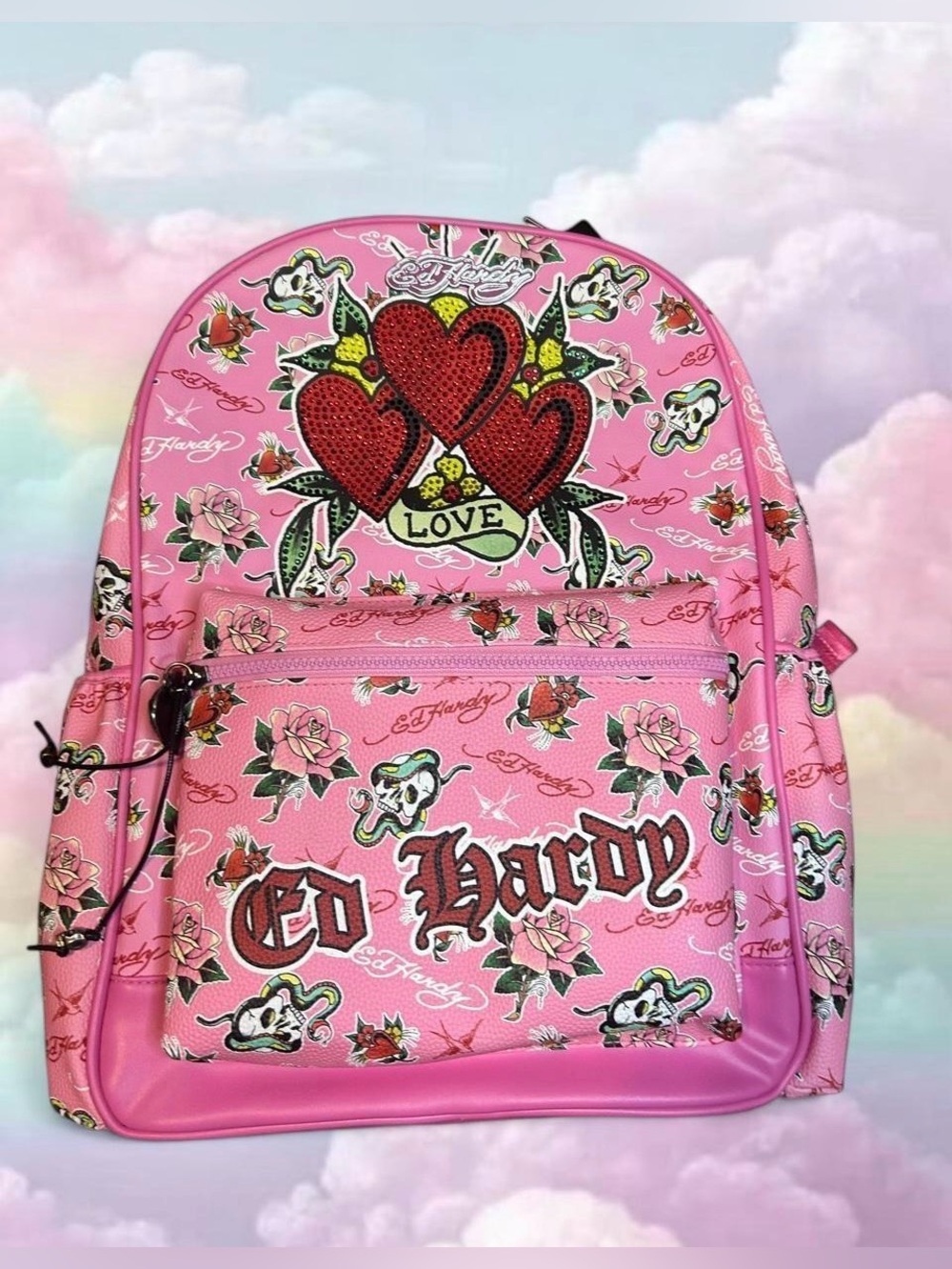 Ed Hardy Pink Rose Heart Charm Backpack
